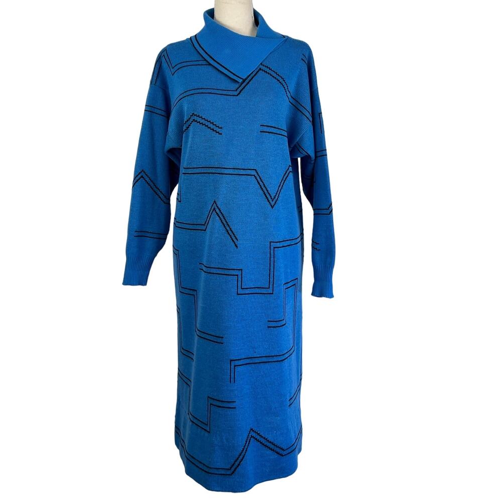 Vintage 80s Le Gaillard Acrylic Sweater Dress Blue  Midi